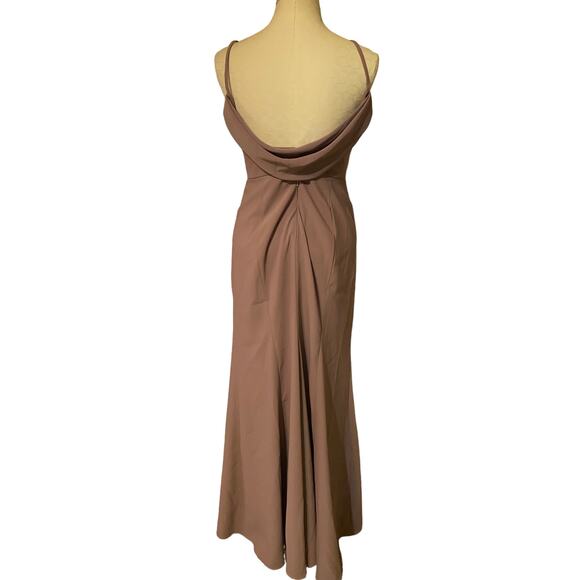 Dessy Group Bateau Neck Open Cowl Back Trumpet Gown in French Truffle Size 6R - Picture 11 of 14
